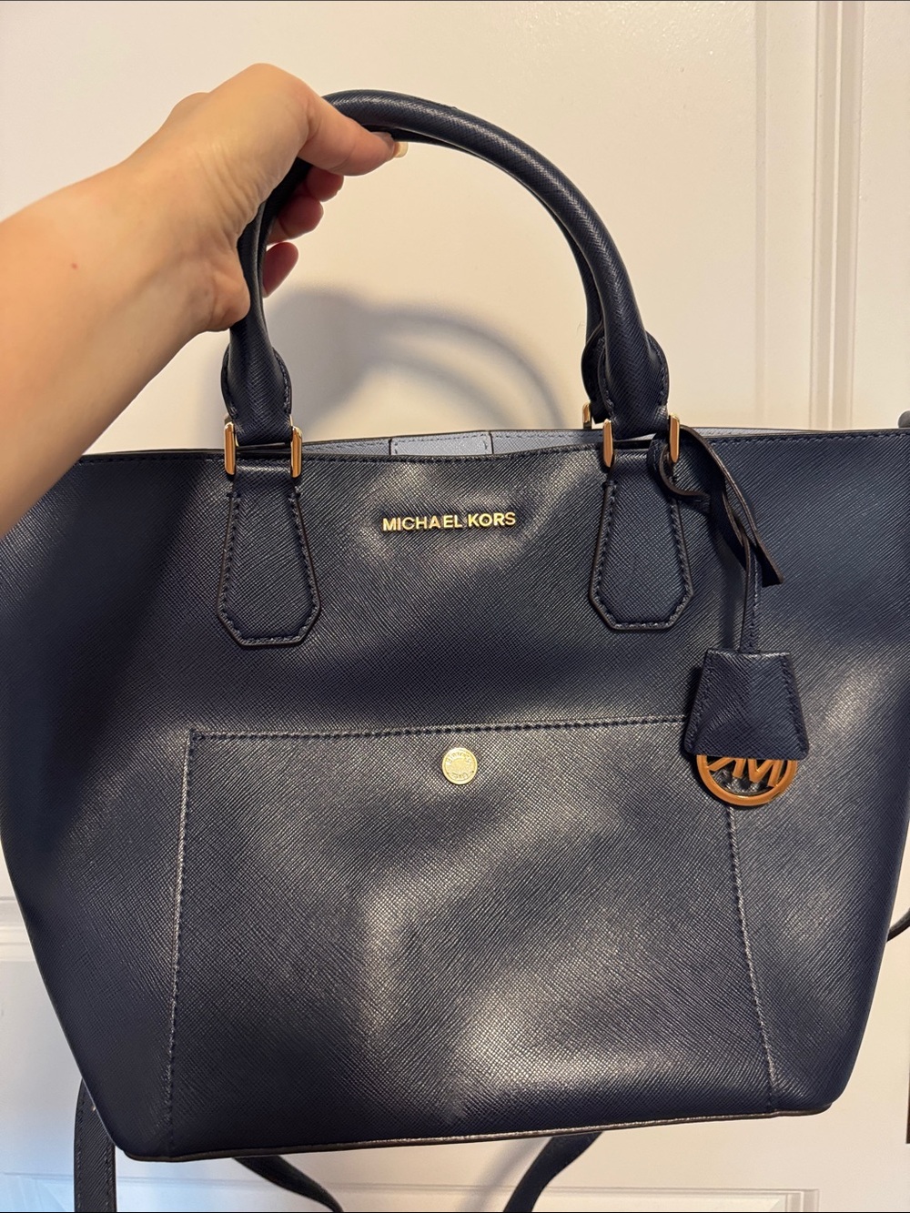 Michael Kors Navy Saffiano Leather Satchel with Gold Hardware